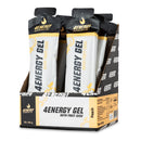 4Energy 4Energy Gel Box - 18 x 66 g Pfirsichgeschmack, offene Schachtel mit schwarzen und gelben Energy-Gel-Päckchen mit Pfirsichillustration.