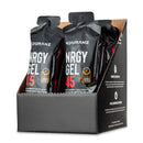 Nduranz Nrgy Gel 45 Box - 16 x 75 g Erdbeergeschmack, schwarze und orangefarbene Verpackung in Karton-Displaybox auf weißem Hintergrund.