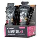 Nduranz Nrgy Gel 45 Box - 16 x 75 g Tropengeschmack, schwarze Päckchen mit Logos in rosa akzentuierter Displaybox auf einfarbigem Hintergrund.