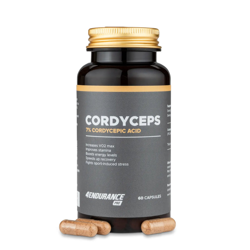 4Endurance Pro Cordyceps - 60 capsules, schwarze Flasche mit goldfarbenem Verschluss und Etikett, das Ausdauer- und Energievorteile zeigt.