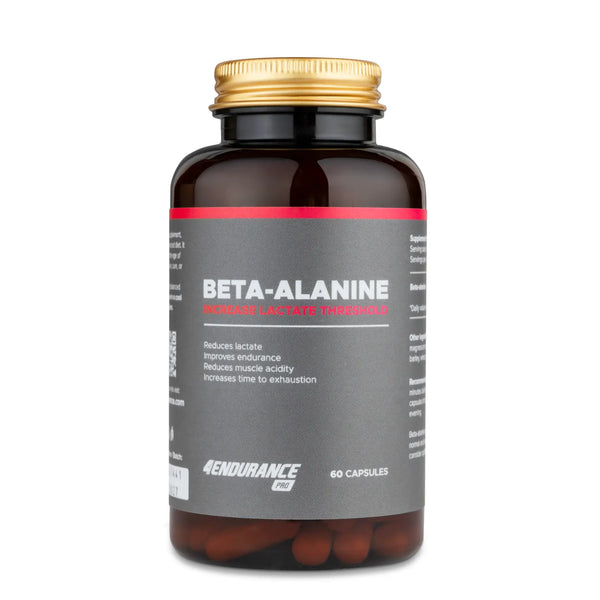 4Endurance Pro Beta-alanine - 60 Kapseln Packung, weiße Flasche mit schwarzem Deckel und rot hervorgehobenem Etikett auf weißem Hintergrund.