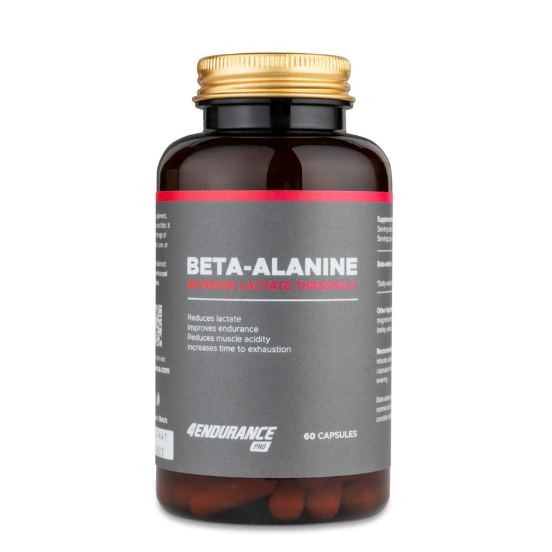 4Endurance Pro Beta-alanine - 60 Kapseln Packung, weiße Flasche mit schwarzem Deckel und rot hervorgehobenem Etikett auf weißem Hintergrund.