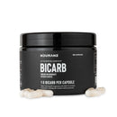 Nduranz Bicarb magensaftresistent überzogen - 180 Kapseln, schwarze zylindrische Flasche mit Etikett auf weißem Hintergrund, reflektierende Oberfläche.