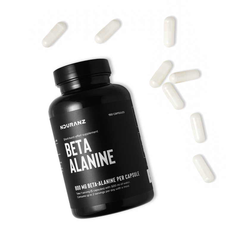 Nduranz Beta Alanine – 150 Kapseln, schwarze Flasche mit strukturiertem Etikett, weißer Text mit Dosierungs- und Verzehrhinweisen.