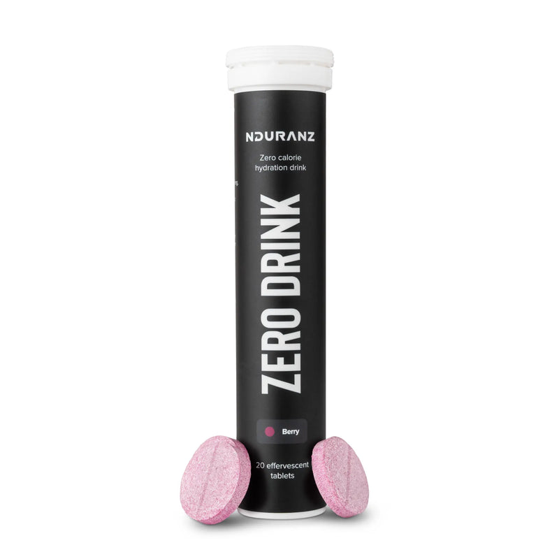 Nduranz Zero Drink - 20 Brausetabletten Beerengeschmack, schwarzer zylindrischer Behälter mit weißem Schraubverschluss auf weißem Hintergrund.