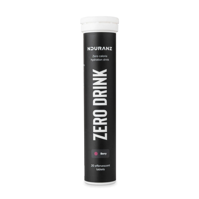 Nduranz Zero Drink - 20 Brausetabletten Beerengeschmack, schwarzer zylindrischer Behälter mit weißem Schraubverschluss auf weißem Hintergrund.