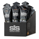 SIS Beta Fuel Gel Box - 30 x 60 ml Orangengeschmack, schwarze Schachtel mit sechseckigem Muster, SiS-Logo und ordentlich angeordneten Energy-Gel-Päckchen.