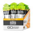 SIS GO Isotonic Energy Gel Box - 30 x 60 ml Apfelgeschmack, Päckchen in Displaybox mit grün- und orangefarbenem Wellenmuster auf weißem Hintergrund.