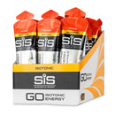 SIS GO Isotonic Energy Gel Box - 30 x 60 ml Orangengeschmack, Displaybox mit mehreren Gel-Päckchen mit orangefarbenen Verschlusskappen auf weißem Hintergrund.