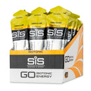 SIS GO Isotonic Energy Gel Box - 30 x 60 ml Zitronen- und Limettengeschmack, Beutel mit SiS‑Logo vor weißem Hintergrund, grüne und gelbe Farben.