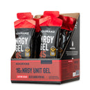 Nduranz Nrgy Gel 45 with Caffeine Box - 16 x 75 g Kirschgeschmack, rote und schwarze Päckchen mit Nährwertangaben auf weißem Hintergrund.