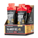 Nduranz Nrgy Gel 45 with Caffeine Box - 16 x 75 g Mangogeschmack, rote und schwarze Päckchen in Displaybox auf weißem Hintergrund.