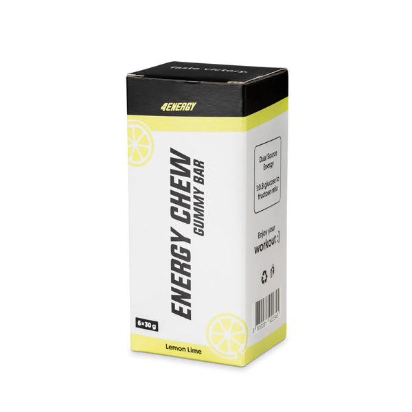 4Energy Energy Chew Box - 6 x 30 g Zitronen- und Limettengeschmack, transluzenter gelber segmentierter Gummiriegel mit Zitronenverpackung auf weißem Hintergrund.