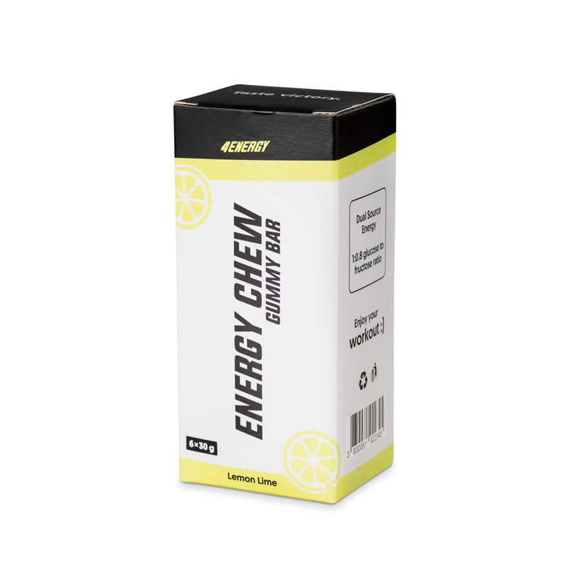 4Energy Energy Chew Box - 6 x 30 g Zitronen- und Limettengeschmack, transluzenter gelber segmentierter Gummiriegel mit Zitronenverpackung auf weißem Hintergrund.