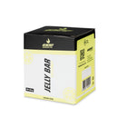 4Energy Jelly Bar Box - 10 x 25 g Zitronen-Limettengeschmack, schwarz-limettengrüne Schachtel mit Zitronenillustrationen auf weißem Hintergrund.