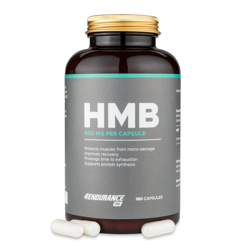 4Endurance Pro HMB - 180 Kapseln, dunkelbraune Flasche mit gold‑metallischem Deckel und markantem weiß‑türkisfarbenem Etikett auf weißem Hintergrund.