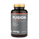 4Endurance Pro Fusion - 90 capsules supplement bottle, braune Supplementflasche mit goldfarbenem Verschluss, dunkelgrauem Etikett mit roten Akzenten und aufgeführten Vorteilen.