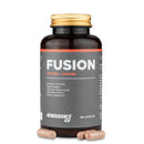 4Endurance Pro Fusion - 90 capsules supplement bottle, braune Supplementflasche mit goldfarbenem Verschluss, dunkelgrauem Etikett mit roten Akzenten und aufgeführten Vorteilen.