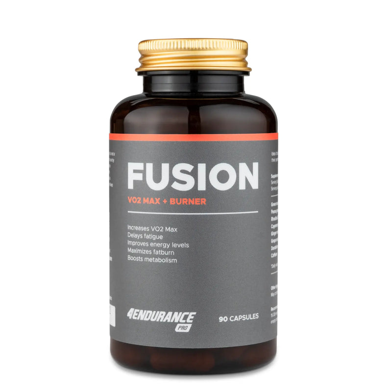 4Endurance Pro Fusion - 90 capsules supplement bottle, braune Supplementflasche mit goldfarbenem Verschluss, dunkelgrauem Etikett mit roten Akzenten und aufgeführten Vorteilen.
