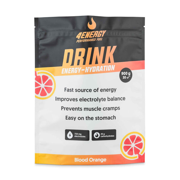 4Energy Drink Energie-Hydratation – 900 g, Blutorangengeschmack, Vorderseite mit orangefarbenem Verlaufsstreifen und Zitrusscheiben-Grafik.