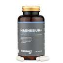 4Endurance Pro Magnesium+ - 90 capsules pack, braune Flasche mit goldfarbenem Verschluss und schwarz-blauem Etikett mit sichtbaren Kapseln.