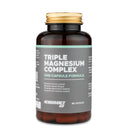 4Endurance Pro Triple Magnesium Complex - 60 capsules, braune Flasche mit goldfarbenem Verschluss und grauem Etikett, sichtbare rote Kapseln.