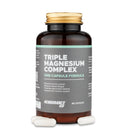 4Endurance Pro Triple Magnesium Complex - 60 capsules, braune Flasche mit goldfarbenem Verschluss und grauem Etikett, sichtbare rote Kapseln.