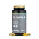 4Endurance Pro TG Omega 3 – 60 Softgels, Flasche mit goldenem Verschluss und grauem Etikett mit Angaben zu den gesundheitlichen Vorteilen auf weißem Hintergrund.