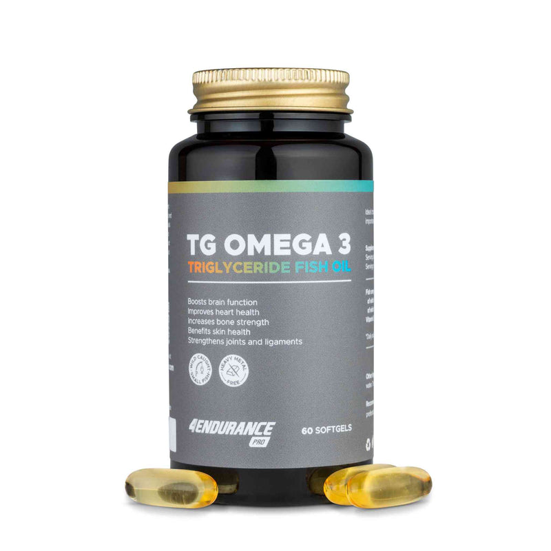 4Endurance Pro TG Omega 3 – 60 Softgels, Flasche mit goldenem Verschluss und grauem Etikett mit Angaben zu den gesundheitlichen Vorteilen auf weißem Hintergrund.