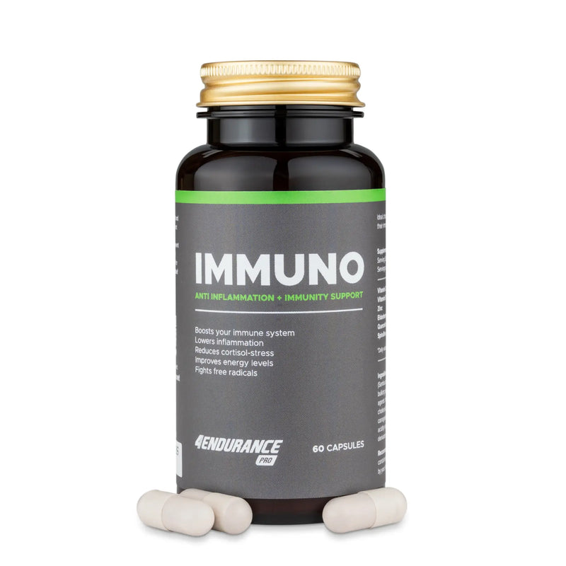 4Endurance Pro Immuno - 60 Kapseln, braune Flasche mit goldener Kappe und grünem Etikettband auf weißem Hintergrund, Text zur Immununterstützung.