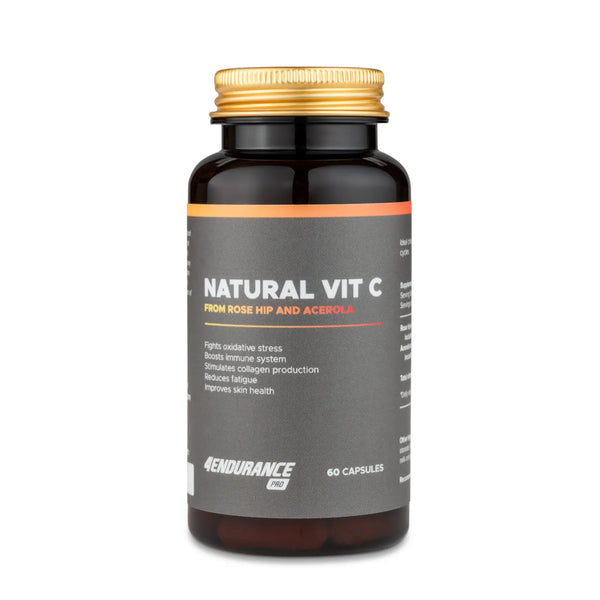 4Endurance Pro Natural Vitamin C - 60 Kapseln Packung, Flasche mit goldenem Verschluss, Etikett mit Gesundheitsvorteilen, schwarz-goldenes Design.