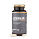 4Endurance Pro Vitamin D3+ - 90 Kapseln, dunkelbernsteinfarbene Kunststoffflasche mit goldener Kappe, graues Etikett mit den Vorteilen des Nahrungsergänzungsmittels.